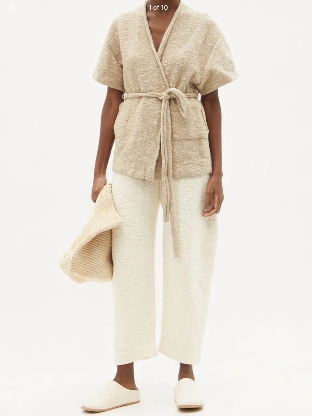 LAUREN MANOOGIAN Short-Sleeve Cotton-Blend Wrap Cardigan Taupe M